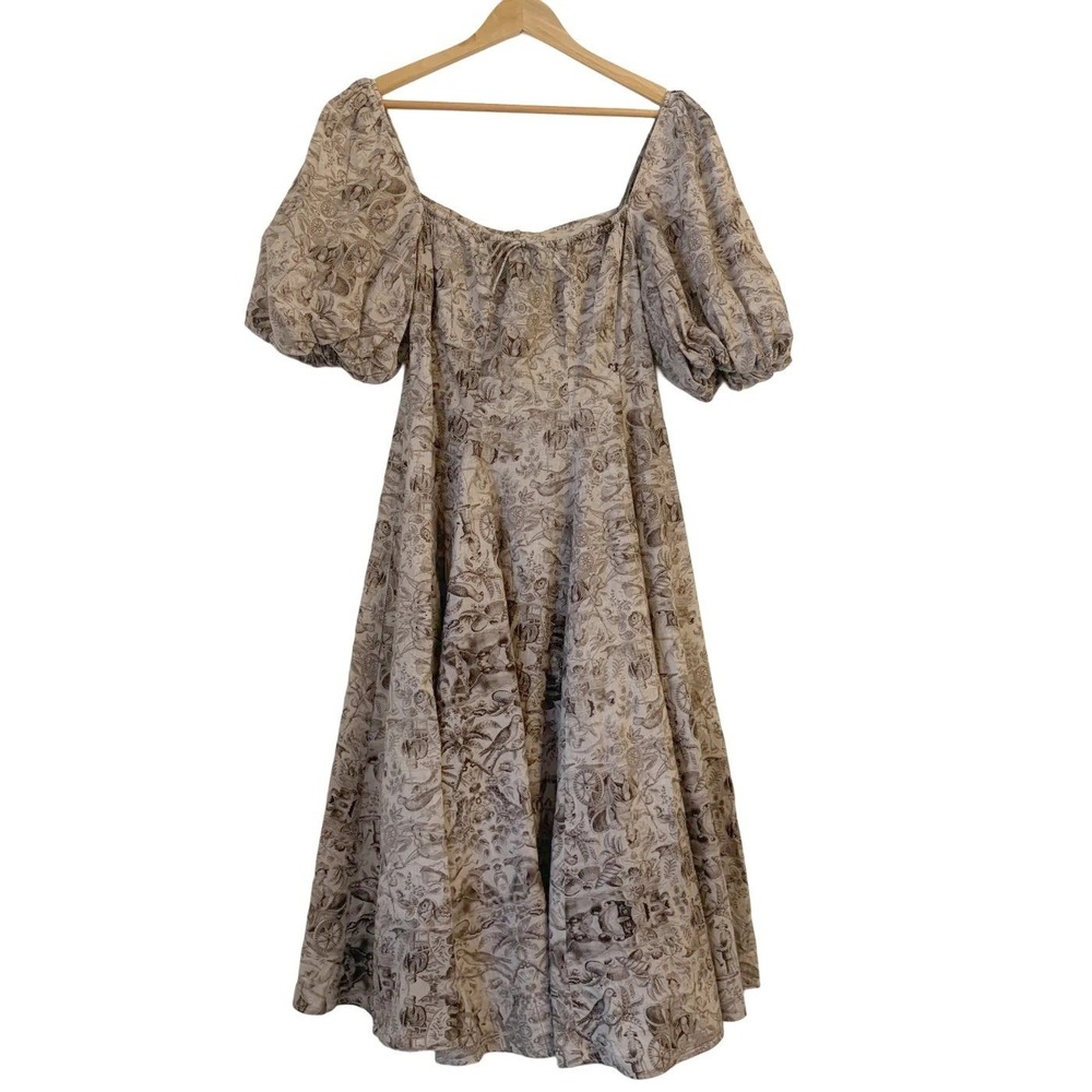 Selkie Day Dress L Cottagecore Toile Puff Sleeve Milkmaid Cotton Midi Regency